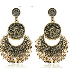 3/$30 Ethnic Brocade Lotus Dangle Earrings Antique